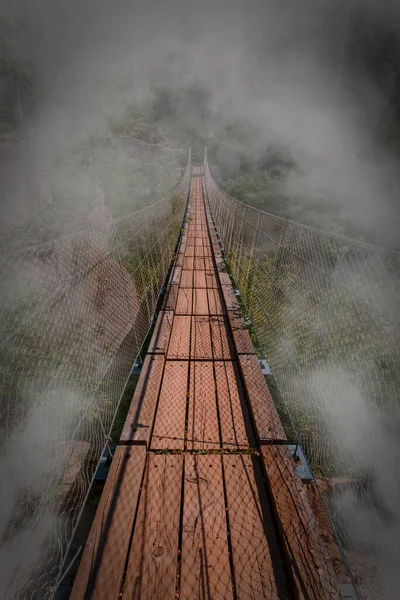 Κρεμαστή Γέφυρα Ομίχλη Στο Δάσος Bellamonte Στο Trentino Alto Adige — Φωτογραφία Αρχείου