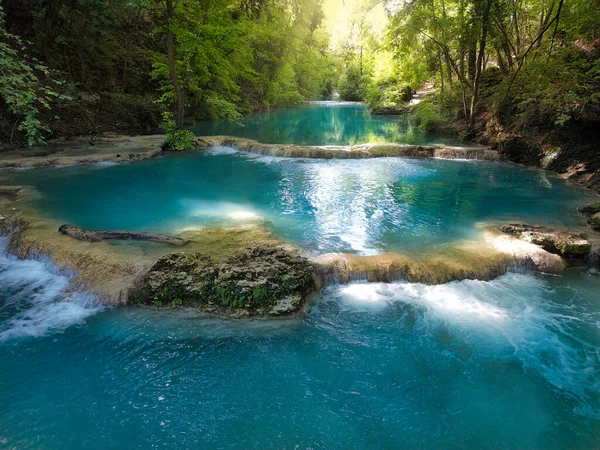 Frontal Aerial View Small Waterfalls Produced Elsa River Tuscany — Stockfoto