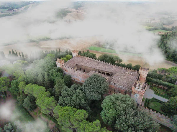 Aerial View Olive Grove Castle Shrouded Tuscan Fog — Stock fotografie