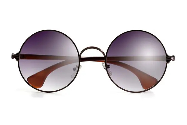 Stilvolle Unisex Sonnenbrille Rundform Mit Gefalteten Bügeln Auf Weißem Hintergrund — Stockfoto