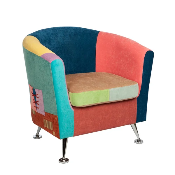 Kompaktowy Fotel Tapicerowany Kolorowe Wielokolorowe Tkaniny Patchworkowe Izolowany Białym Tle — Zdjęcie stockowe