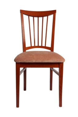 Kahverengi tahta sandalye ve düz kahverengi kumaş döşeme. Ön manzara. Beyaz arkaplanda izole.