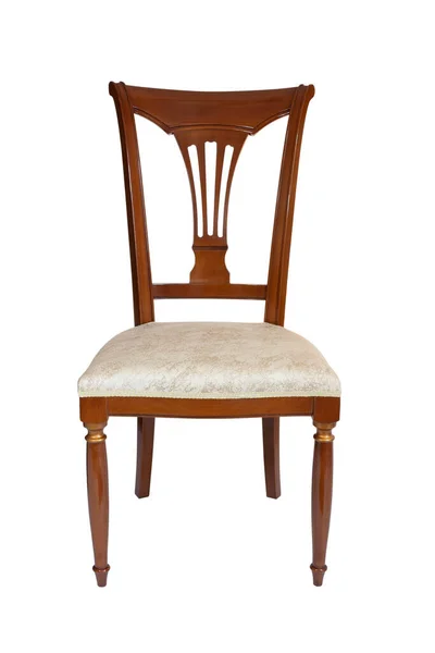 Καφέ Ξύλινη Καρέκλα Ελαφριά Μπεζ Υφασμάτινη Ταπετσαρία Μπροστά Απομονωμένα Λευκό — Φωτογραφία Αρχείου