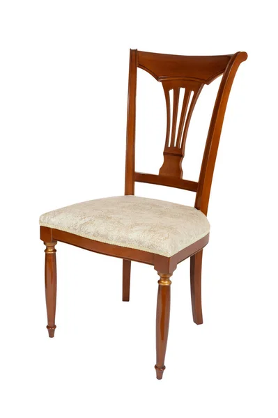 Καφέ Ξύλινη Καρέκλα Ελαφριά Μπεζ Υφασμάτινη Ταπετσαρία Μισή Στροφή Απομονωμένα — Φωτογραφία Αρχείου