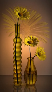 Stylish, modern, interior still life with doronicum flowers in decorative glass vases. clipart