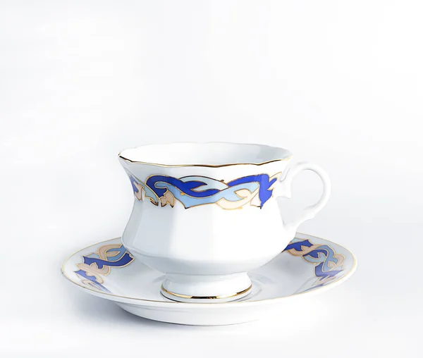 Une Tasse Thé Porcelaine Blanche Avec Une Soucoupe Motif Bleu — Photo
