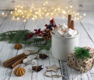 Beyaz bir kupa kokulu kakao ve üzerine tarçın serpiştirilmiş marshmallow.