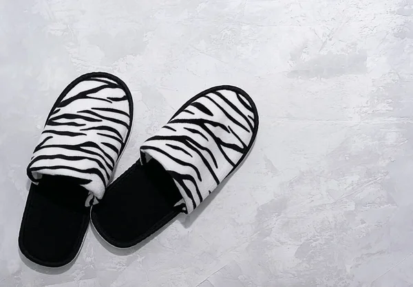 Soft Homemade Slippers Black White Tiger Print Light Textured Concrete — Stock Photo, Image