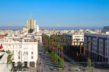Parlak mavi gökyüzüne karşı güzel palmiye ağaçları olan Bulvar 'daki otelden manzara.