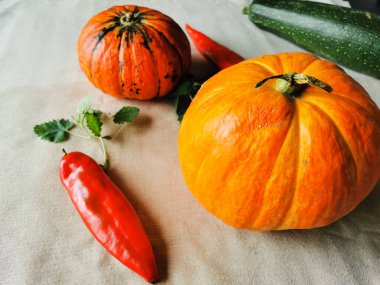 İki küçük turuncu balkabağı, biri yeşil çizgili, kabaklı, iki kırmızı biber ve Melissa (Latin Melissa officinalis) açık renk kumaşta. Yan görünüm.