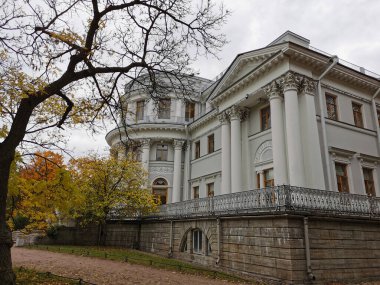  Büyük taş vazolar, arka planda pembe ve mavi çiçekler olan çiçek yatakları ve St. Petersburg 'daki Elagin Adası' ndaki parkta bulutlu gökyüzü..