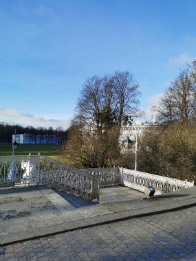 Aziz Petersburg. - Rusya. Çitin manzarası, beyaz bir aslan heykeli, bir petrol çayırı, güzel bir fener, bir köşk ve Elagin Adası 'ndaki parkta sonbahar yaprakları.