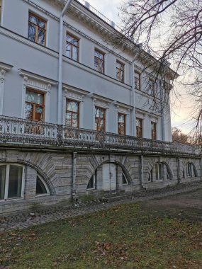 Saint-Petersburg 'da. - Rusya. Beyaz ahşap banklar, arkalarında güzel bir fener, bir petrol çayırı yapraksız bir huş ağacı ve St. Petersburg sonbahar parkında bulutlu mavi gökyüzüne karşı Elaginoostrovsky Sarayı..