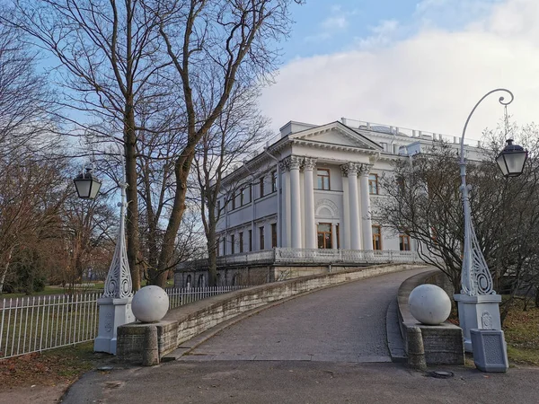 San Petersburgo Rusia Bancos Madera Blanca Detrás Ellos Una Hermosa — Foto de Stock