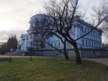 Gri Elaginoostrovsky Sarayı, yaprakları dökülen ağaçların arasında St. Petersburg sonbahar parkında bulutlu mavi bir gökyüzüne karşı..