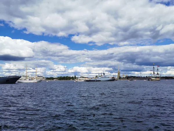 Warships Frigates Sailboats Built Neva Water Area Day Navy Petersburg — Stock Photo, Image