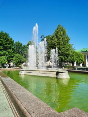 Kronstadt şehrindeki Kronshlot kalesinin dış hatlarını andıran bir çeşme. Mavi bulutsuz gökyüzünün arka planına karşı..