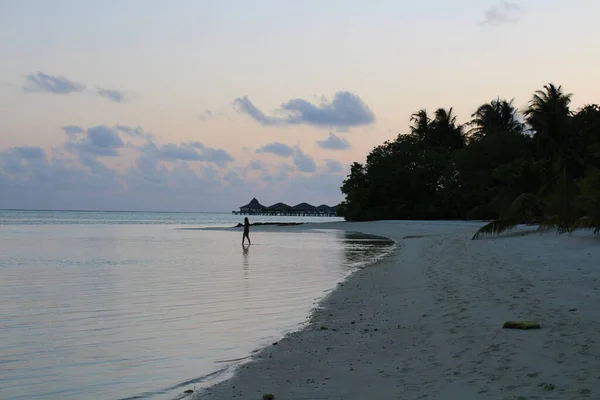 Wczesnym Wieczorem Wybrzeżu Oceanu Indyjskiego Dziewczyna Idzie Popływać Wodzie Tle — Zdjęcie stockowe