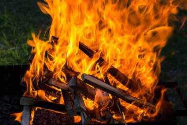 Izgarada yanan odundan çıkan büyük bir alev otların arka planına çarpıyor..