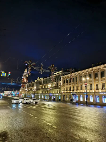 Saint Petersburg Russia Dark Winter Morning Nevsky Prospekt Petersburg Dumskaya — Foto Stock