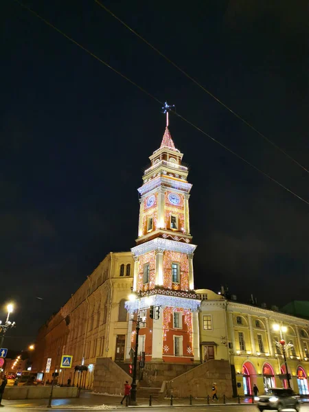 Mañana Invierno San Petersburgo Torre Duma Decoraciones Forma Lámparas Multicolores — Foto de Stock