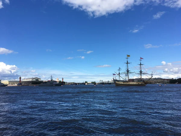 Neva River Sailing Ship Poltava Warships Lined Naval Parade Petersburg — Zdjęcie stockowe