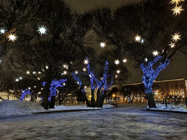 Drzewa Placu Izaaka Petersburgu Ozdobione Gwiazdami Niebieskimi Girlandami Boże Narodzenie — Zdjęcie stockowe