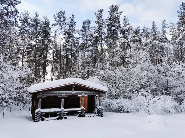 One Story Wooden House Bathhouse Made Dark Colored Log Snow — Stock Photo, Image