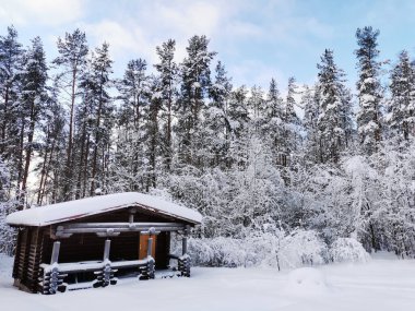 Tek katlı ahşap bir ev. Karla kaplı ağaçların arasında, kar altında yuvarlak koyu renkli bir kütükten yapılmış bir hamam. Soğuk bir kış gününde bulutlu mavi bir gökyüzüne karşı. Leningrad bölgesi.