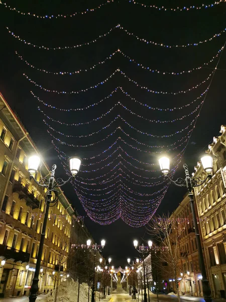 Ünnepi Megvilágítás Karácsonyra Szilveszterre Malaya Konyushennaya Utcában Szentpéterváron Egy Kora — Stock Fotó