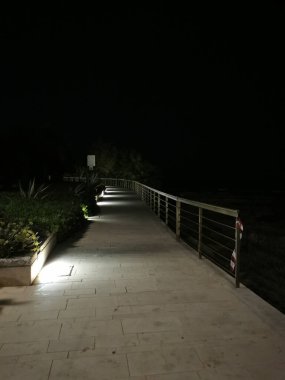 Gece Protaraları. Parmaklıklarla aydınlatılmış gezinti güvertesinin manzarası, kara bir gökyüzünün arka planına karşı deniz kıyısında koşuyor.