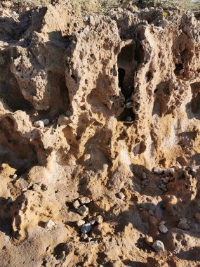 Protaras. Famagusta bölgesi. Kıbrıs. Uzun donmuş lav, Akdeniz 'in gözenekli kıyısı..