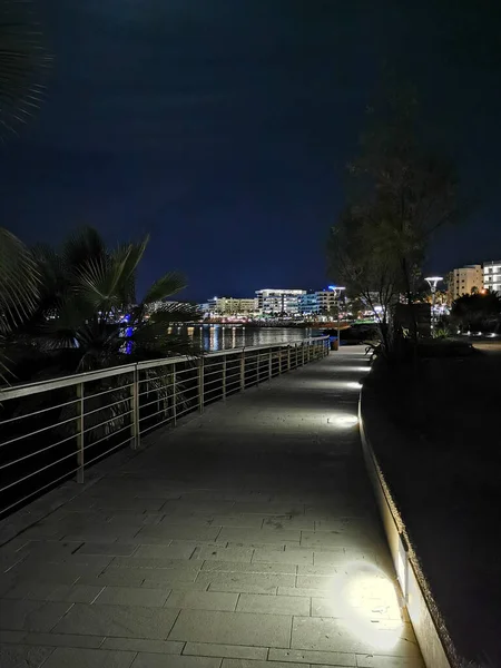 Nattprotaraer Utsikt Den Opplyste Promenaden Med Rekkverk Som Løper Langs – stockfoto