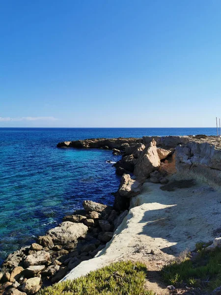 Protaras 塞浦路斯 地中海的海岸 有绿色的植物和石头 还有菲格树湾的沙滩和蓝天背景下的岛屿 — 图库照片