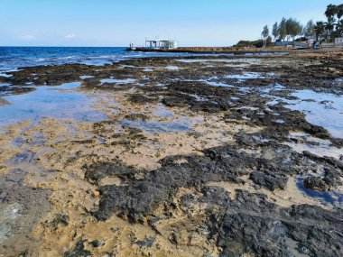 Protaras.Cyprus. Akdeniz 'in kayalık kıyısı uzun zamandır sertleşmiş lav, dalga ve bulutlu mavi gökyüzüne karşı temiz su. İki kişi balık tutuyor.
