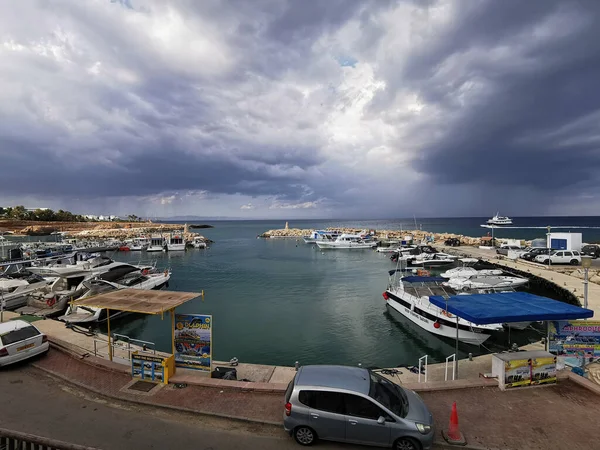 Protaras Cyprus Pier Port Small Ships Yachts Boats Bay Mediterranean — Stock Photo, Image