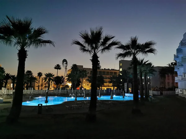 Sonnenaufgang Zypern Ein Pool Umgeben Von Liegestühlen Und Sonnenschirmen Umgeben — Stockfoto