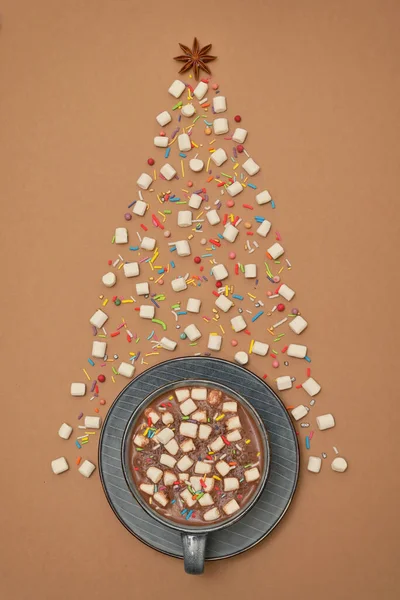 Conceptual Winter Tree Hot Chocolate Cup Marshmallows — Stock Photo, Image