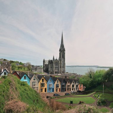 Cobh, İrlanda 'daki St. Colman Katedrali ve Renkli Evler 