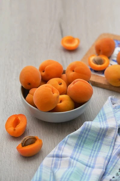 Closeup Delicious Fresh Ripe Apricots Wooden Table — Photo