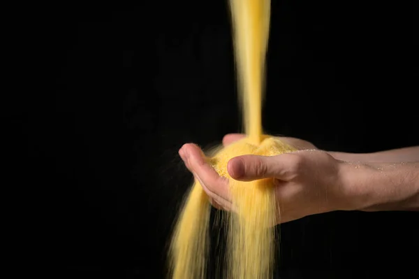 Abstract Farmer Sprinkles Corn Flour Dust Powder Hands — Fotografia de Stock