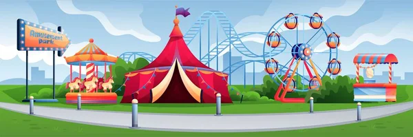 Freizeitpark oder Karneval Hintergrund. Urlaub und Erholung auf Kirmes Vektor Illustration. Attraktionspark mit Achterbahn, Karussell, Süßigkeitenstand, Riesenrad. Horizontales Panorama — Stockvektor