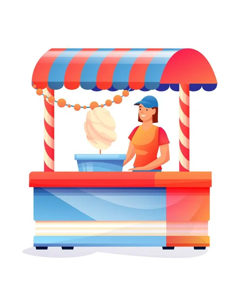 Mädchen verkauft Zuckerwatte in Stand im Freizeitpark. Urlaubs- und Erholungsvektorillustration. Junge Frau arbeitet beim Verkauf süßer Lebensmittel isoliert auf weißem Hintergrund — Stockvektor