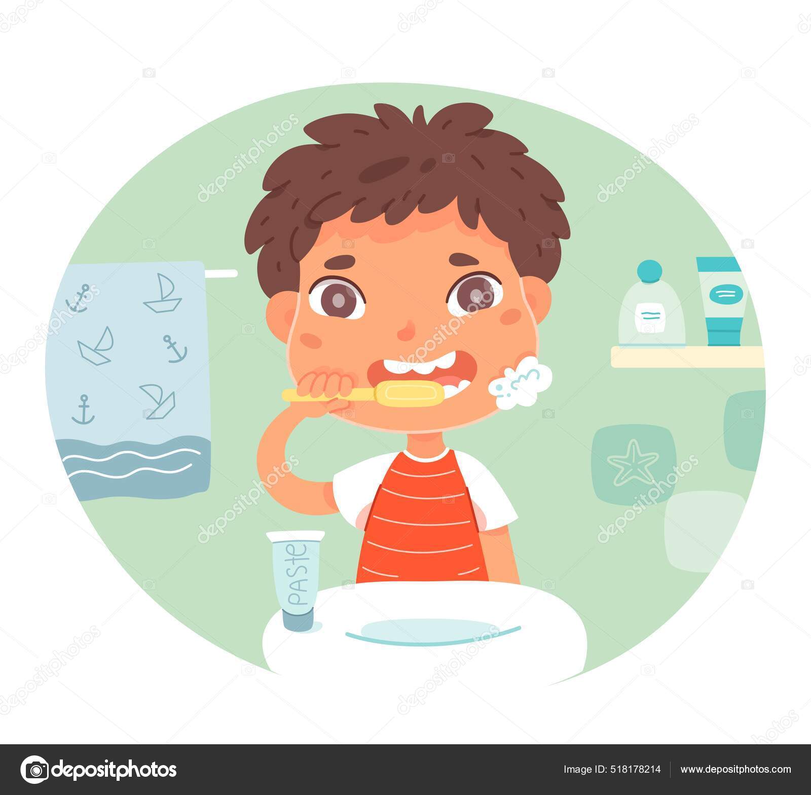 Gutten pusser tenner ved vasken med kran på badet. Munnhygiene hver dag.  Tegneseriebarnefigur. Plattformillustrasjon på vektor. stockvektor ©  ClassicVector #518178214, image size:1600x1567