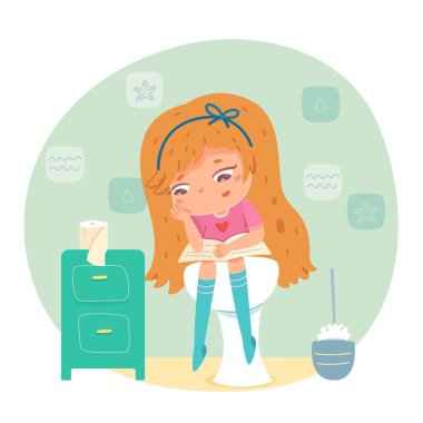 Tuvalette oturan ve banyoda kitap okuyan bir kız. Tuvalet okuma kitabındaki küçük mutlu çocuk. Sağlıklı günlük yaşam tarzı rutin vektör çizimi. Çocukluk aktiviteleri, WC geçmişi