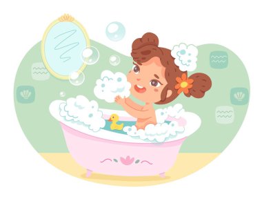 Çocuk banyoda banyo yapıyor. Küvette su, köpük, sabun, köpük ve ördek oyuncağıyla yıkanan küçük bir kız. Sağlıklı rutin vektör çizimi. Çocukluk eğlencesi aktiviteleri. Oda iç tasarımı