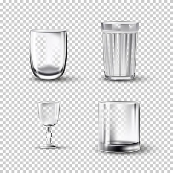 Leeres Kristallglas auf transparentem Hintergrund. Whiskeyglas, Becher, Highballgläser. Glänzend saubere realistische Utensilien für Getränke Vektor Illustration. Zerbrechliches Geschirr — Stockvektor