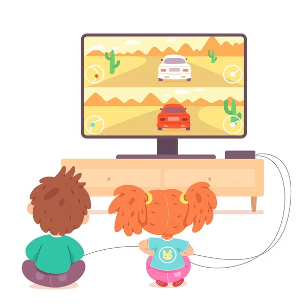 Dzieci grające w gry wideo w domu. Szczęśliwy chłopiec i dziewczyna trzymając konsolę i grając w gry wideo z joysticks w rękach. Rozrywka w domu z technologii wektor ilustracji — Wektor stockowy
