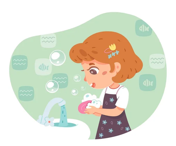 Een kind die handen wast in de badkamer. Klein meisje met water in de gootsteen, zeep met belletjes. Gezonde dagelijkse routine vector illustratie. Leuke activiteiten uit de kindertijd. Ruimte interieur ontwerp — Stockvector