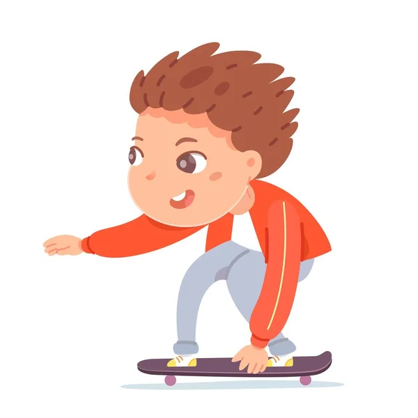 Un gamin en skateboard. Joyeux garçon patinant à bord avec vitesse, isolé sur fond blanc. Loisirs à skatepark aire de jeux illustration vectorielle. Loisirs jeunesse modernes — Image vectorielle